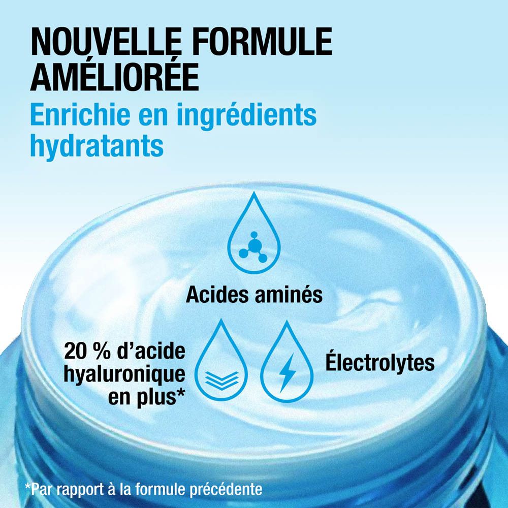 Gros plan d'un produit. Texte : Nouvelle formule améliorée. Ingrédients : acides aminés, acide hyaluronique, électrolytes.