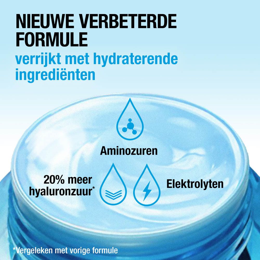 Close-up van een product. Tekst: Nieuwe verbeterde formule. Ingrediënten: aminozuren, hyaluronzuur, elektrolyten.