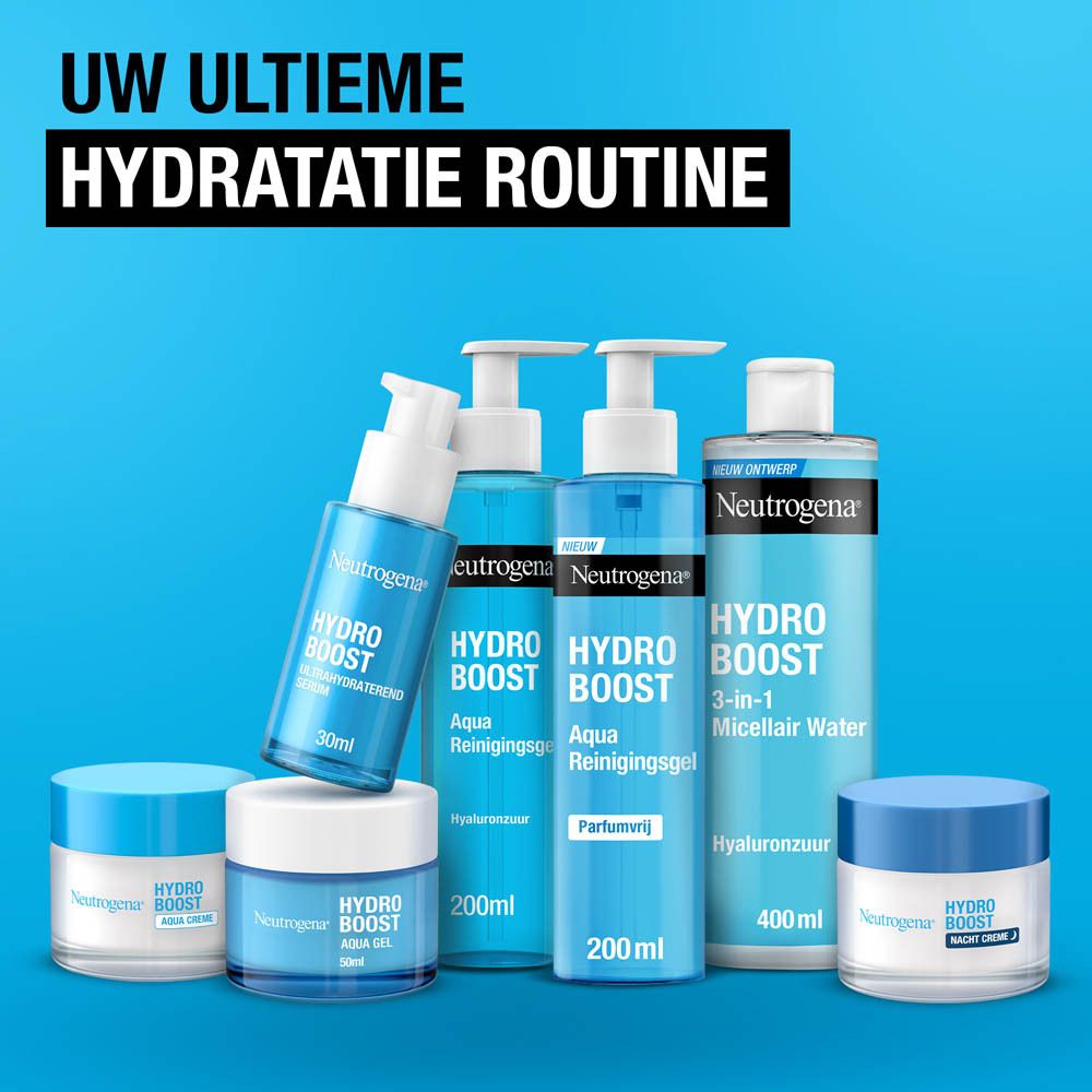 Verschillende Neutrogena Hydro Boost producten. Flessen, potjes en een tube. Opschrift: Hydro Boost.
