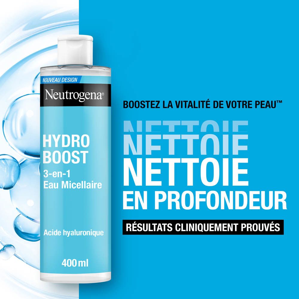 Flacon Neutrogena Hydro Boost Eau Micellaire. Flacon bleu à bouchon blanc. Texte: Nettoie en profondeur.