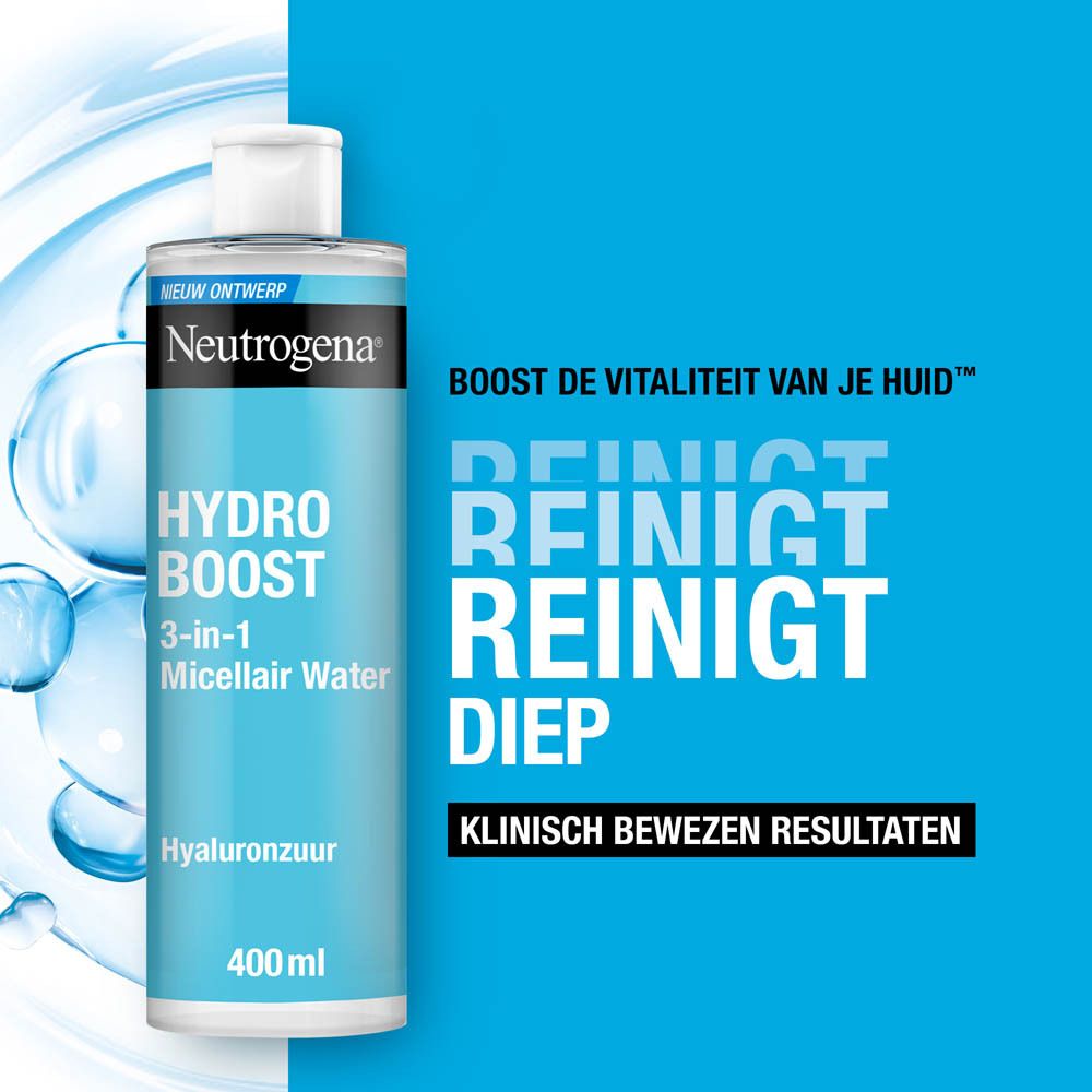 Fles Neutrogena Hydro Boost Micellair Water. Blauwe fles met witte dop. Tekst: Reinigt diep.