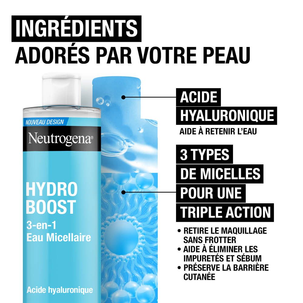 Flacon Neutrogena Hydro Boost Eau Micellaire. Texte: Acide hyaluronique, 3 types de micelles.