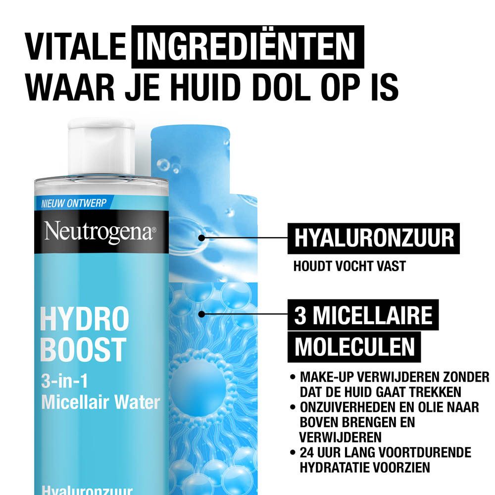 Fles Neutrogena Hydro Boost Micellair Water. Tekst: Hyaluronzuur, 3 micellaire moleculen.
