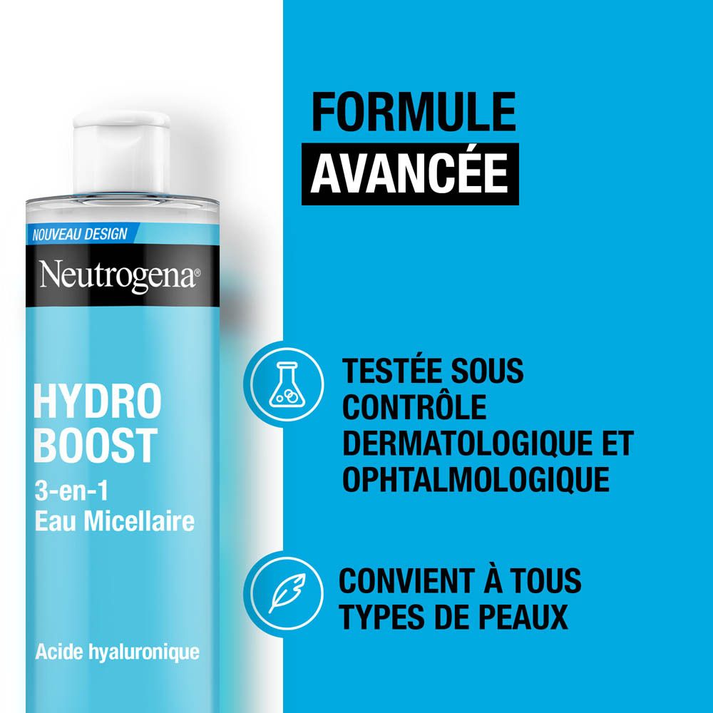 Flacon Neutrogena Hydro Boost Eau Micellaire. Texte: Testé sous contrôle dermatologique et ophtalmologique.