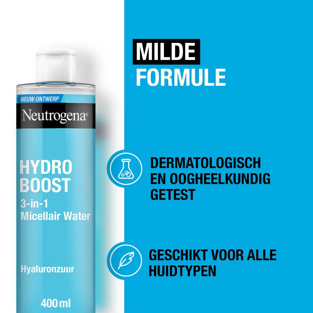 Fles Neutrogena Hydro Boost Micellair Water. Tekst: Dermatologisch en oogheelkundig getest.