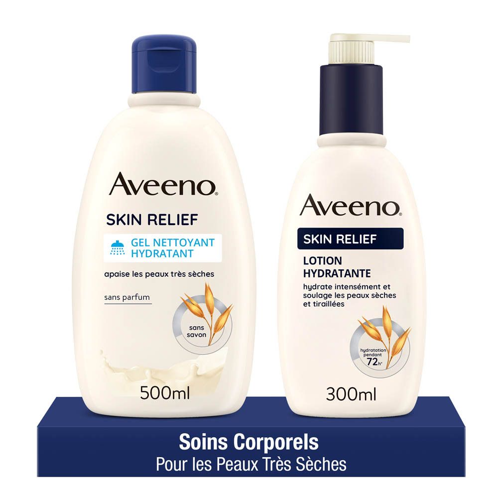 Deux produits Aveeno Skin Relief. Un gel douche et une lotion. Blancs avec bouchons bleus.