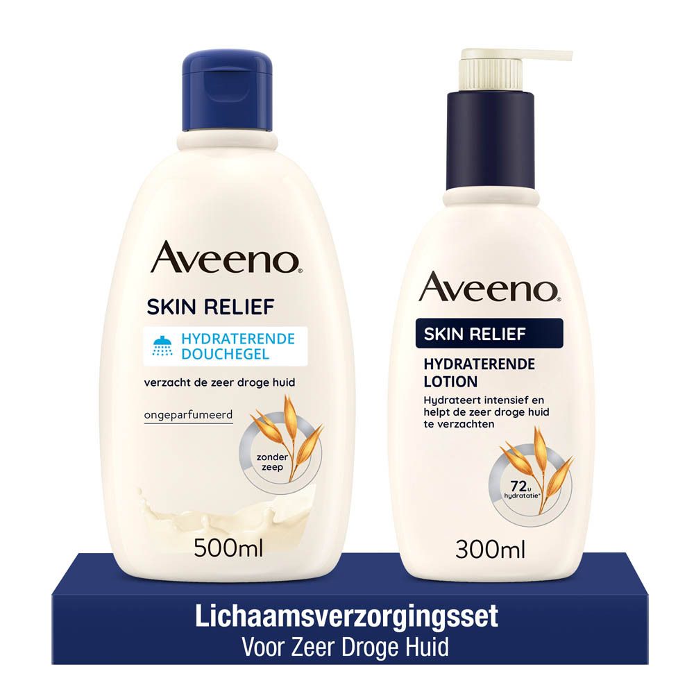 Twee Aveeno Skin Relief producten. Een douchegel en een lotion. Wit met blauwe doppen.
