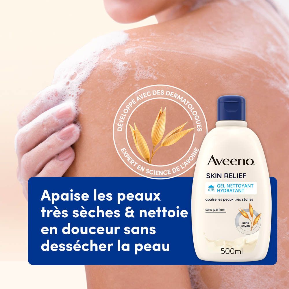 Gel douche Aveeno Skin Relief, 500ml. Bouteille blanche, bouchon bleu. Texte: 'Apaise les peaux très sèches'.