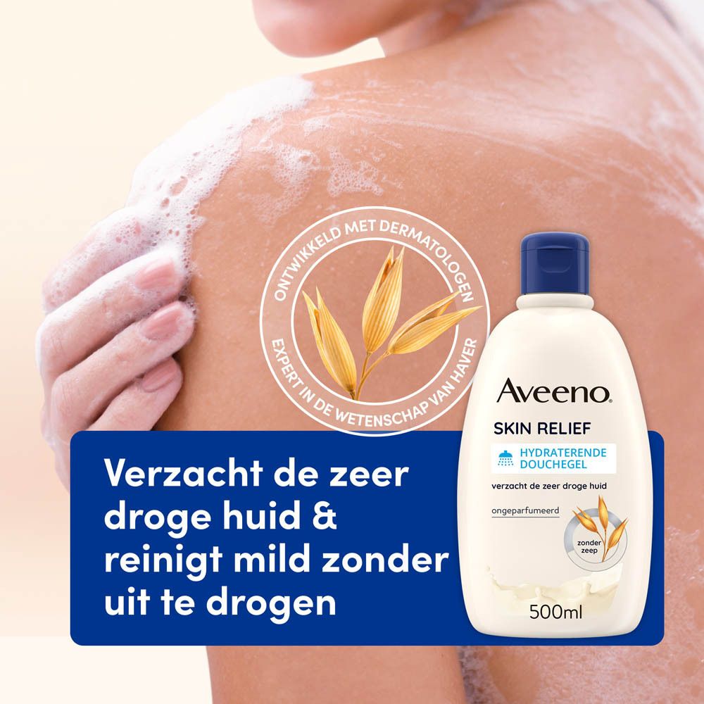 Aveeno Skin Relief douchegel, 500ml. Witte fles met blauwe dop. Tekst: 'Verzacht de zeer droge huid'.