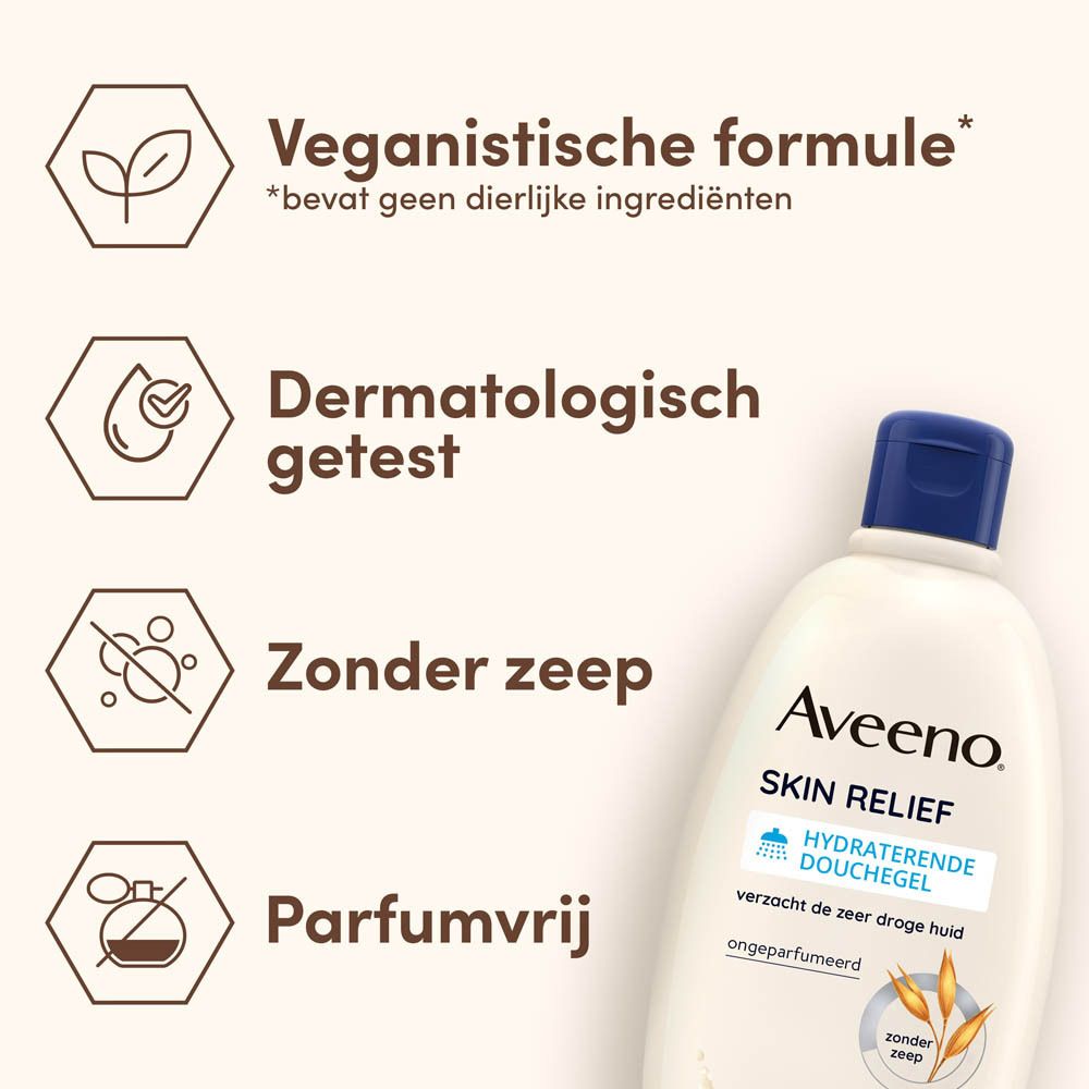 Aveeno Skin Relief douchegel. Tekst: 'Veganistische formule', 'Dermatologisch getest', 'Zonder zeep', 'Parfumvrij'.