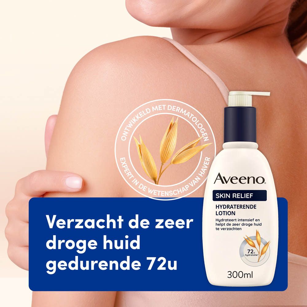 Aveeno Skin Relief lotion, 300ml. Witte fles met pomp. Tekst: 'Verzacht de zeer droge huid gedurende 72u'.