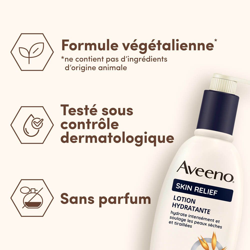 Lotion Aveeno Skin Relief. Texte: 'Formule végétalienne', 'Testé sous contrôle dermatologique', 'Sans parfum'.