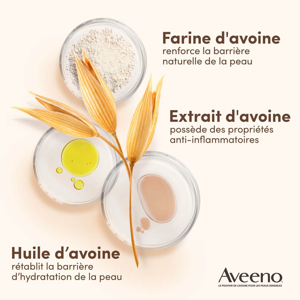 Trois bols avec ingrédients. Texte: 'Farine d'avoine', 'Extrait d'avoine', 'Huile d'avoine'. Logo Aveeno.