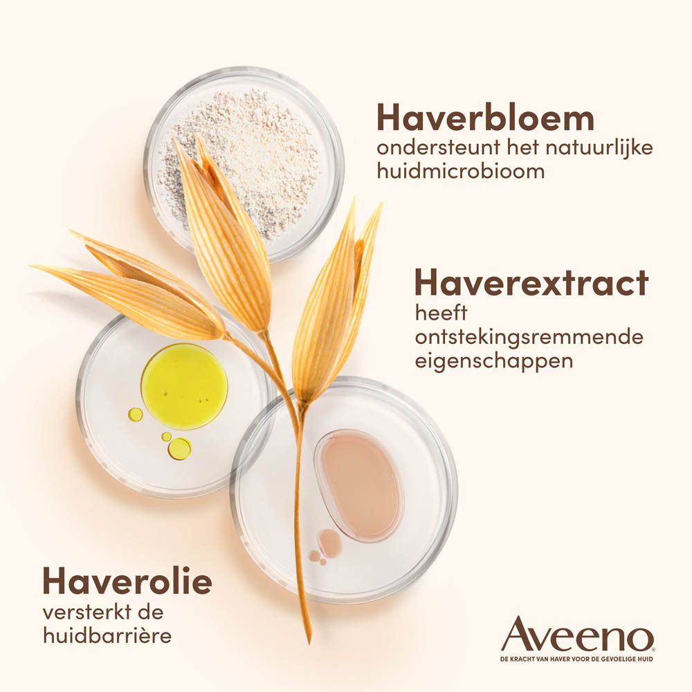 Drie kommen met ingrediënten. Tekst: 'Haverbloem', 'Haverextract', 'Haverolie'. Aveeno logo.