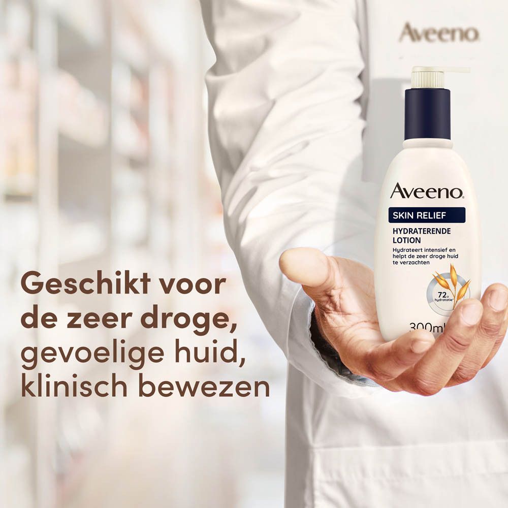 Aveeno Skin Relief lotion, 300ml. Witte fles met pomp. Tekst: 'Geschikt voor de zeer droge, gevoelige huid'.