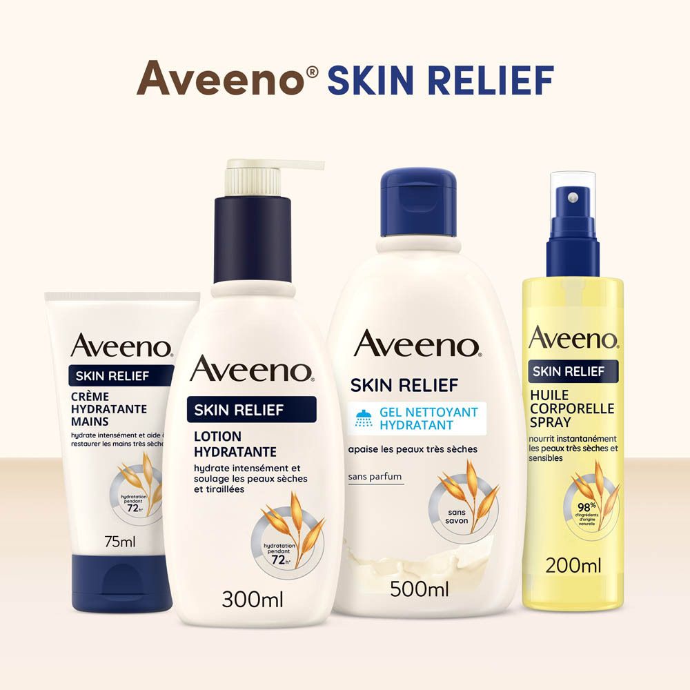 Quatre produits Aveeno Skin Relief. Crème, lotion, gel douche et spray corporel. Tous blancs avec accents bleus.