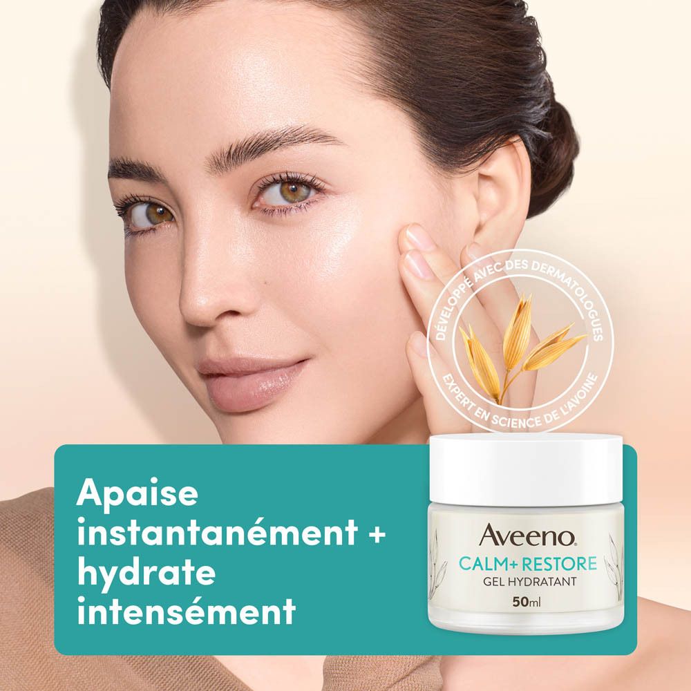 Femme touchant son visage. Gel Aveeno Calm+Restore avec texte : Apaise instantanément + hydrate intensément.