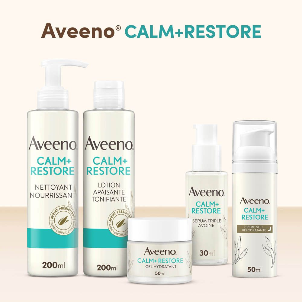 Divers produits Aveeno Calm+Restore : nettoyant, lotion, sérum, gel et crème de nuit. Tous en emballage blanc.