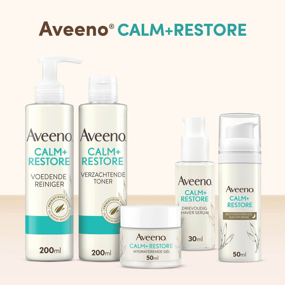 Verschillende Aveeno Calm+Restore producten: reiniger, toner, serum, gel en nachtcrème. Allemaal in witte verpakking.