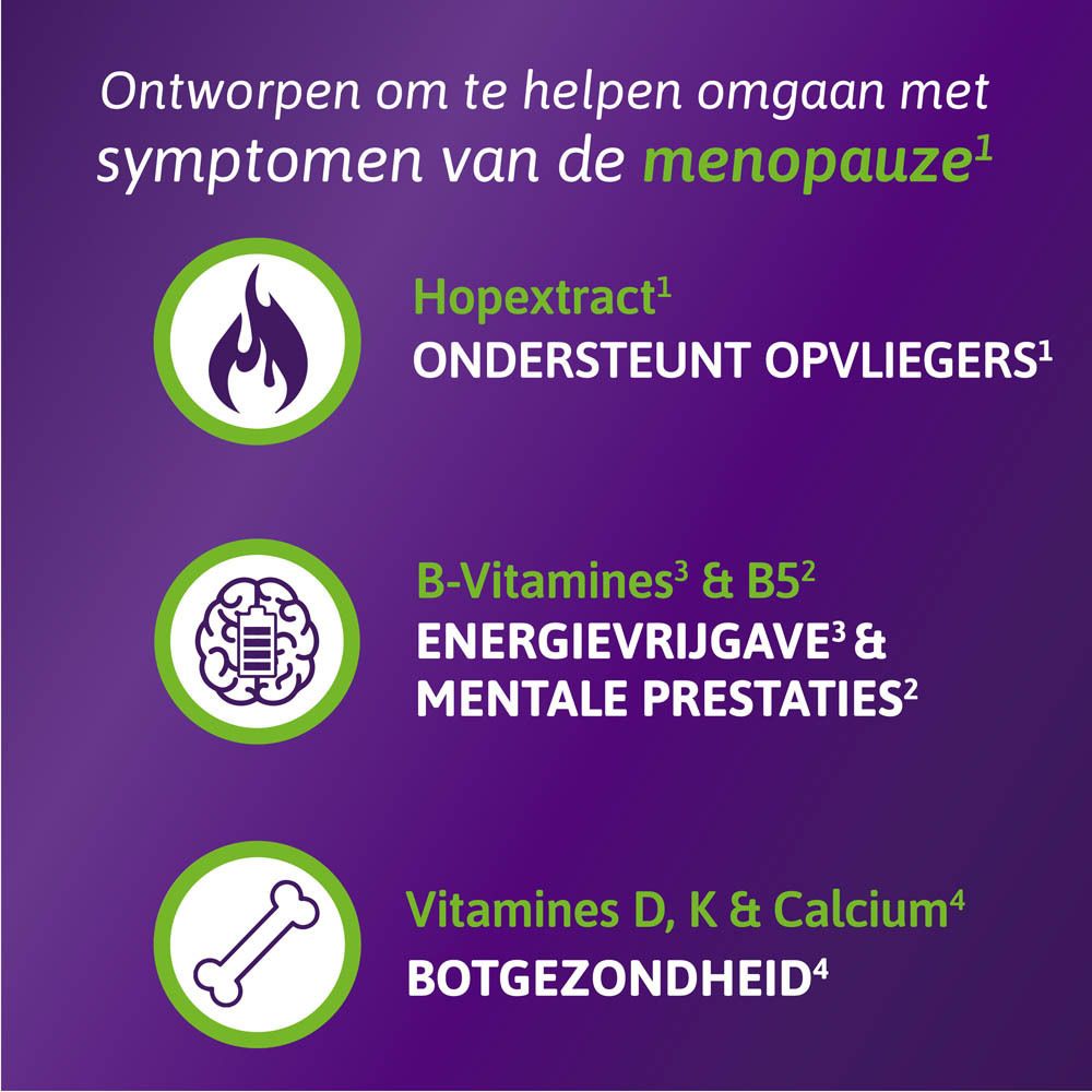 Grafiek met symbolen voor Hopextract, B-vitaminen, Vitamine D, K & Calcium. Paarse achtergrond.