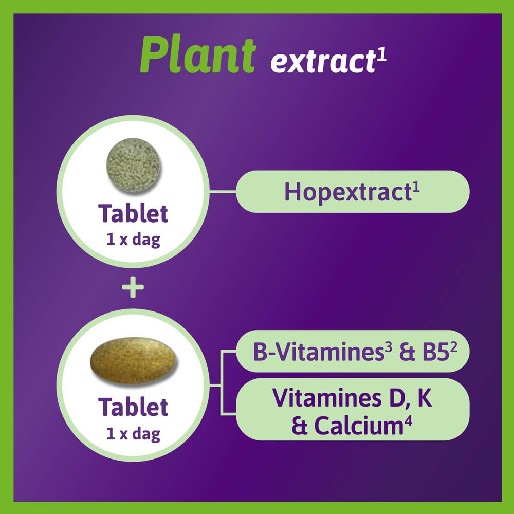 Twee tabletafbeeldingen: Hopextract en B-vitaminen, Vitamine D, K & Calcium. Paarse achtergrond.