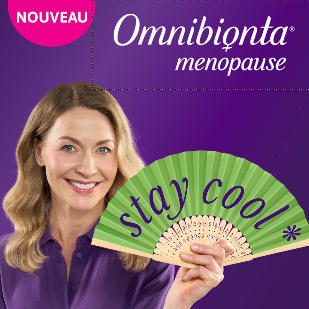 Femme avec éventail 'stay cool'. Logo Omnibionta menopause.