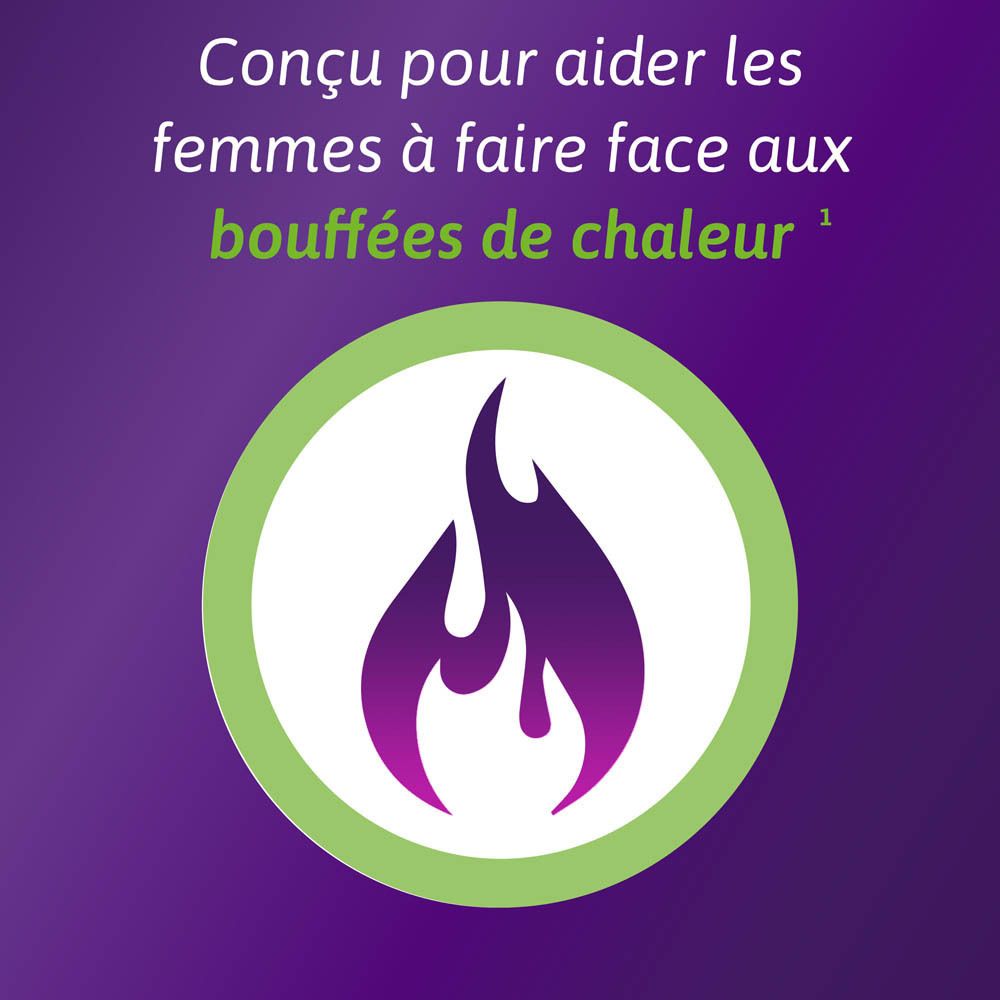 Symbole de flamme dans cercle vert. Texte: 'Conçu pour aider les femmes à faire face aux bouffées de chaleur'.