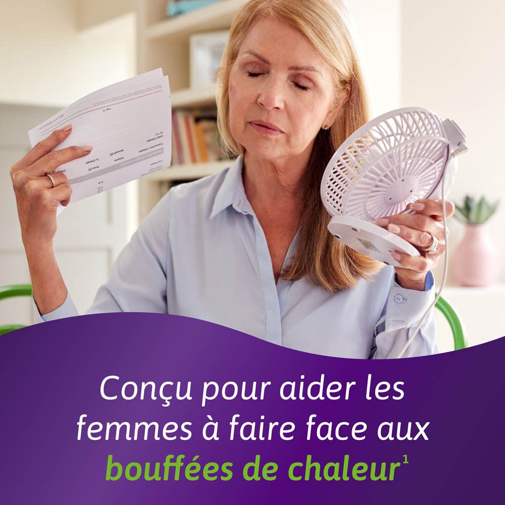 Femme avec ventilateur et papiers. Texte: 'Conçu pour aider les femmes à faire face aux bouffées de chaleur'.