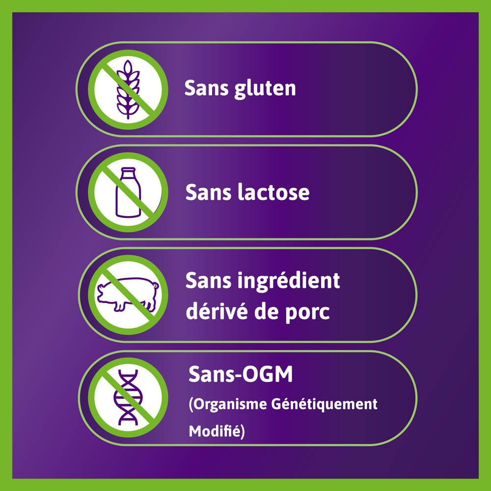 Symboles: Sans gluten, sans lactose, sans ingrédients dérivés du porc, sans OGM.