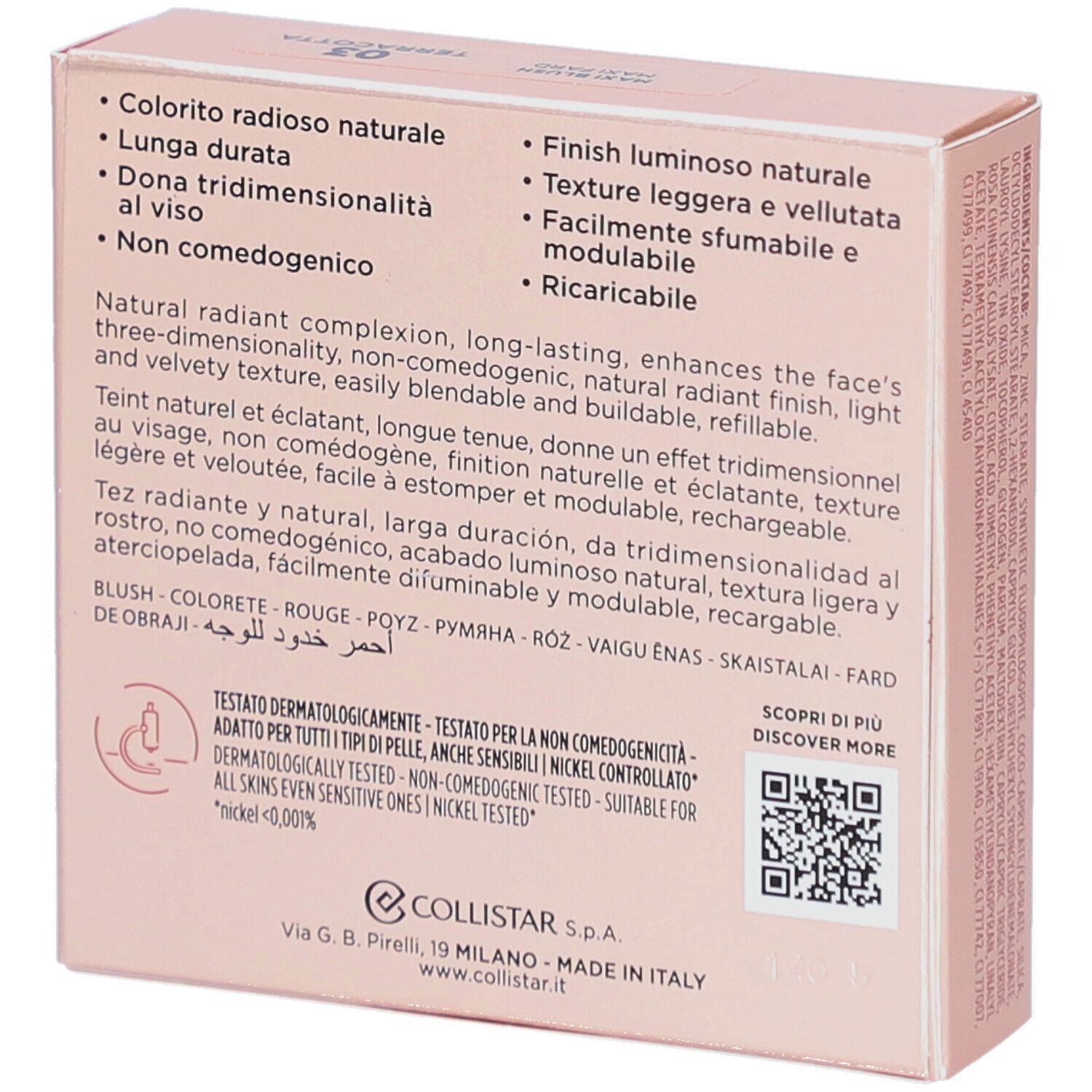 Dos de la boîte de blush Collistar Impeccabile Maxi Blush. Texte.