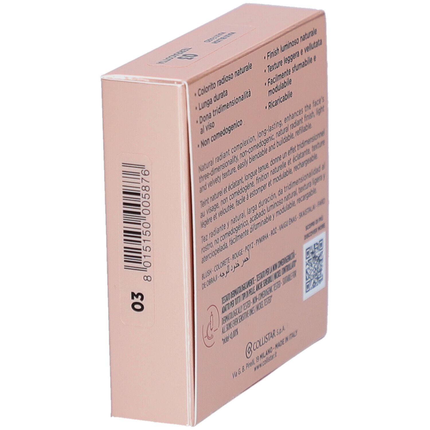 Dos de la boîte de blush Collistar Impeccabile Maxi Blush. Texte.