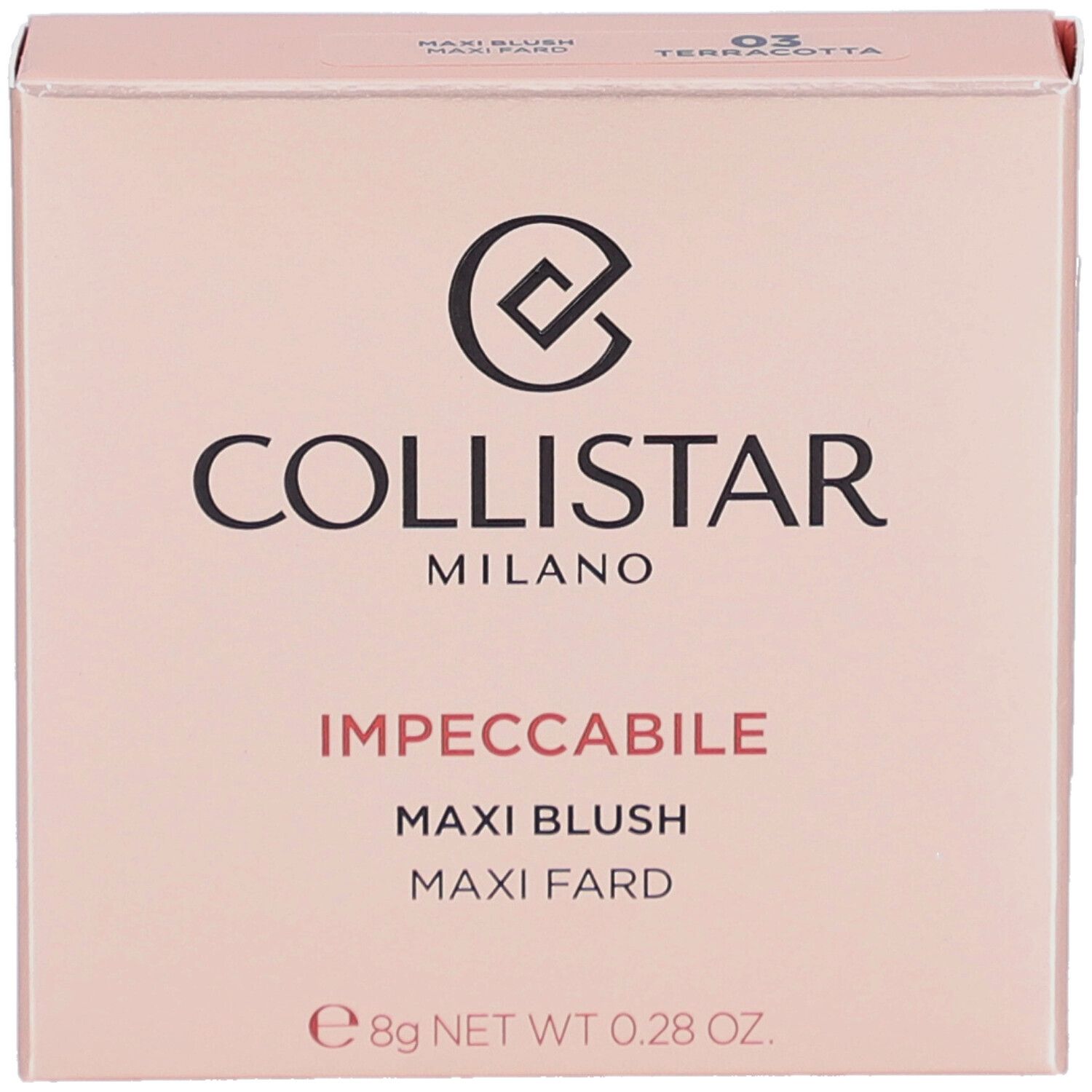 Boîte de blush Collistar Impeccabile Maxi Blush 03 Terracotta. Poids net 8g.