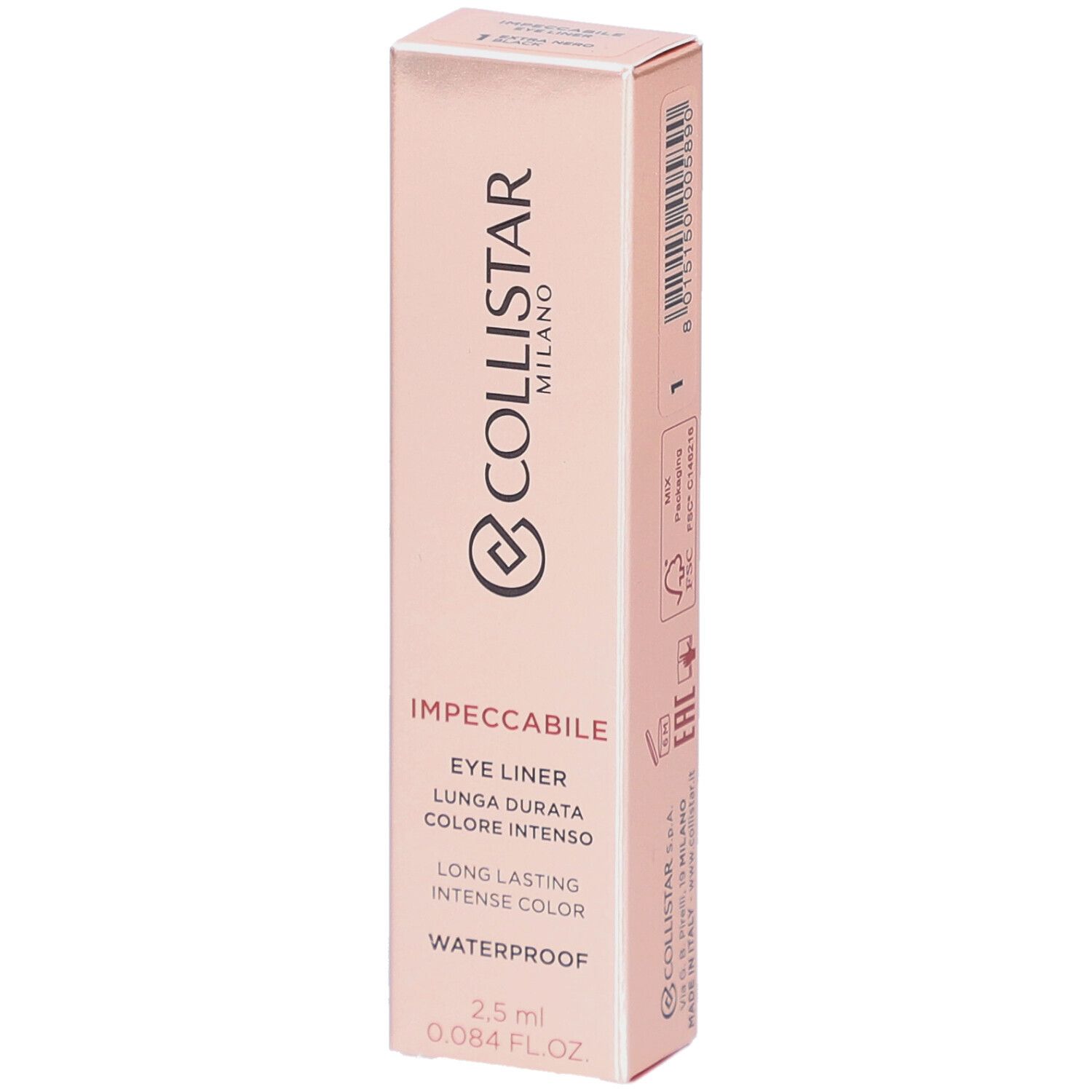 Roze verpakking met zwarte eyeliner. Tekst: Collistar Milano, Impeccabile Eye Liner, 2,5 ml, waterproof.