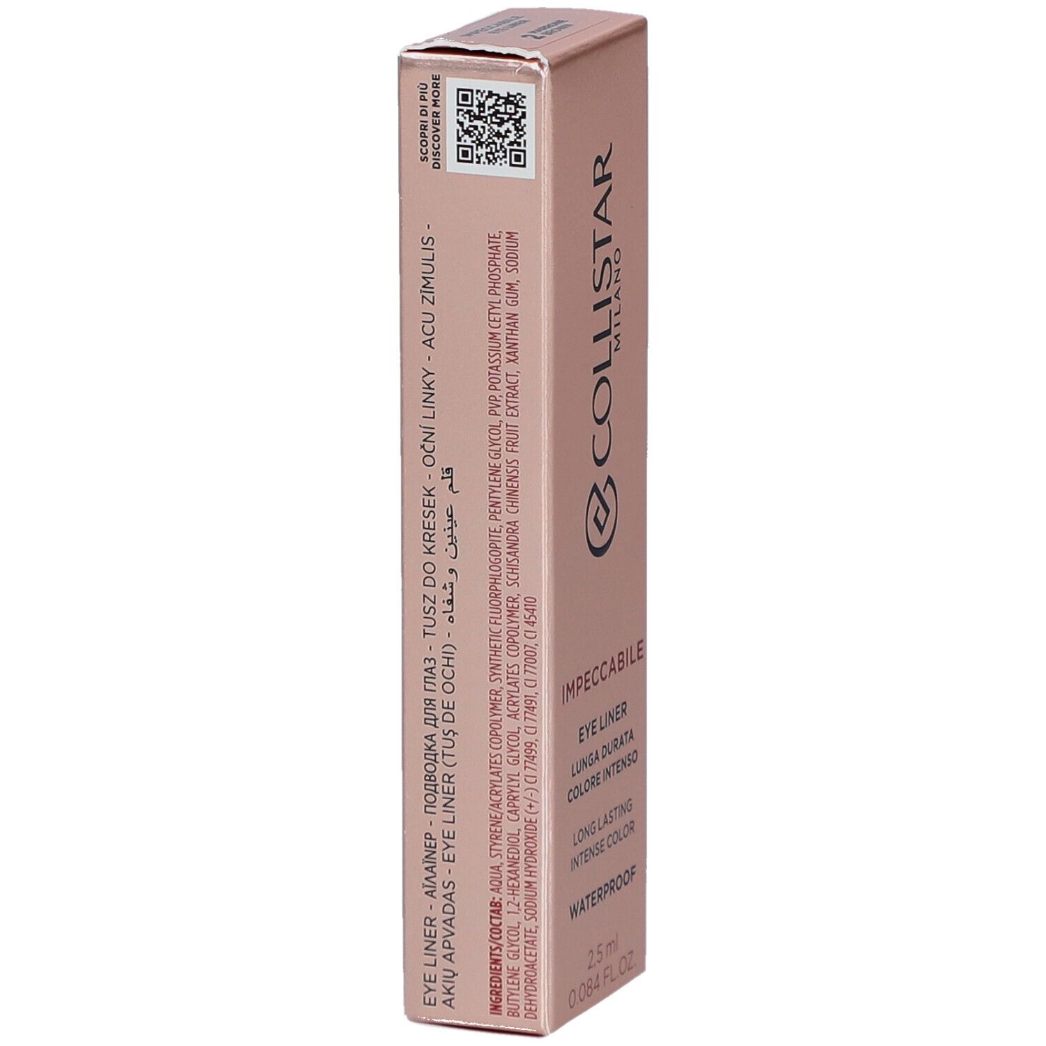 Achterkant roze verpakking. Productinfo, ingrediënten, QR-code. Collistar Milano, Eye Liner.