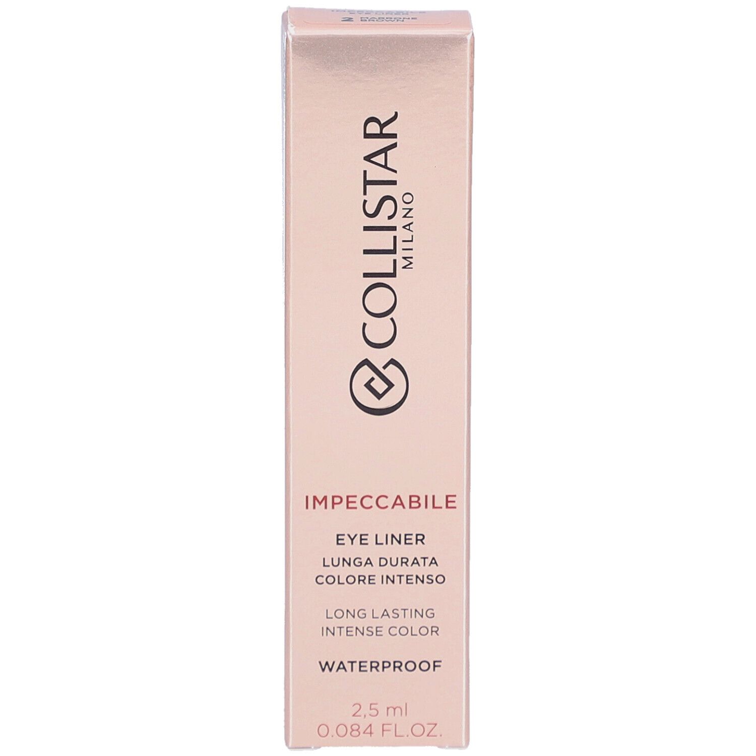 Roze verpakking met productinfo. Collistar Milano, Impeccabile Eye Liner, waterproof. 2,5 ml.