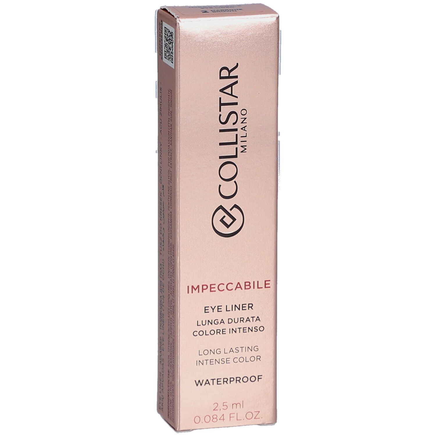 Roze verpakking met productinfo. Collistar Milano, Impeccabile Eye Liner, waterproof. 2,5 ml.