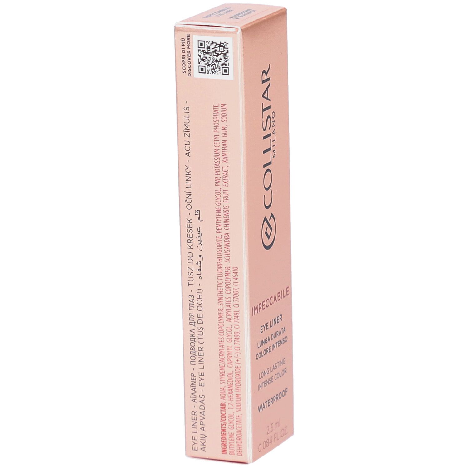 Roze verpakking met productinformatie en QR-code. Bevat eyeliner, 2,5 ml.