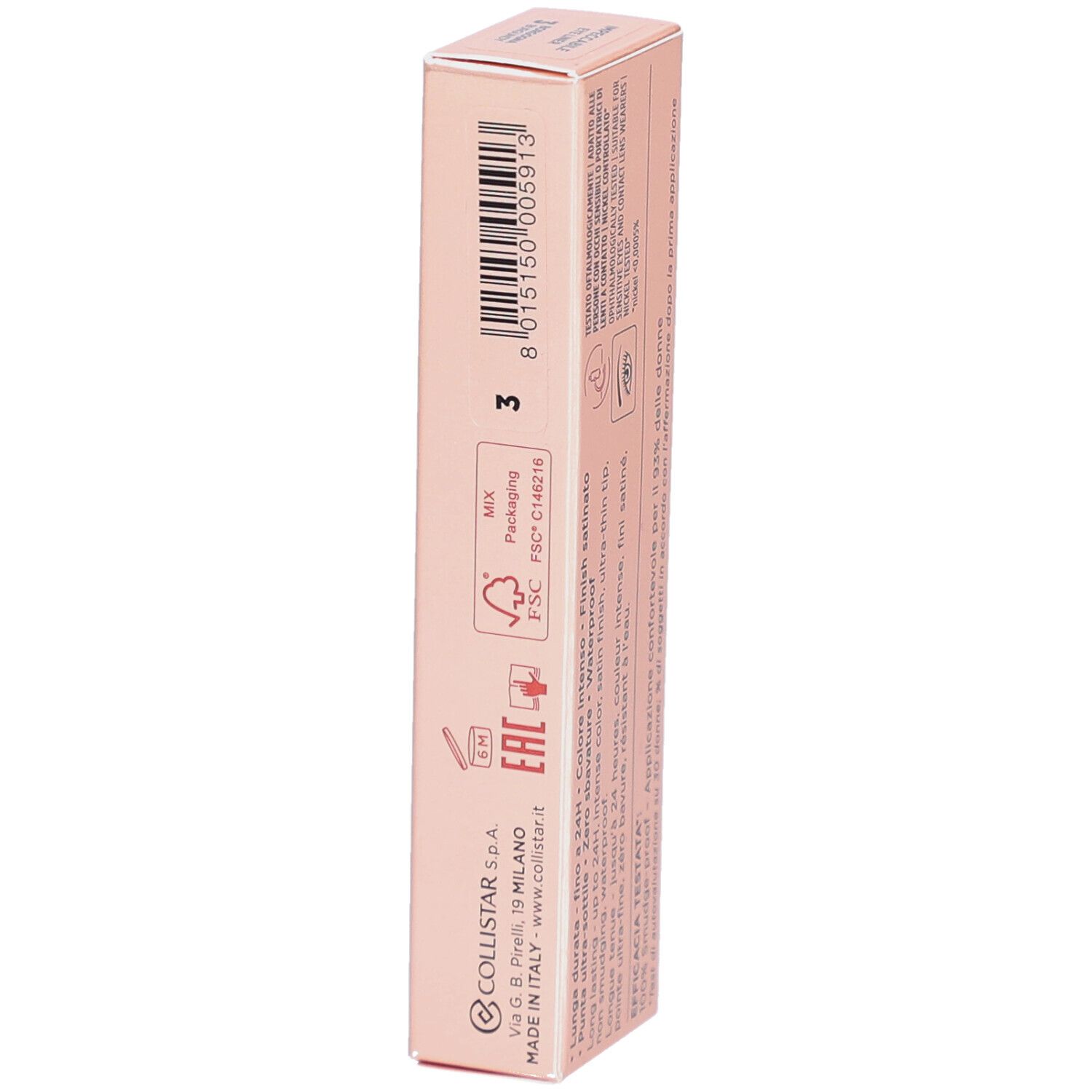 Roze verpakking met productinformatie en FSC-certificering. Bevat eyeliner, 2,5 ml.