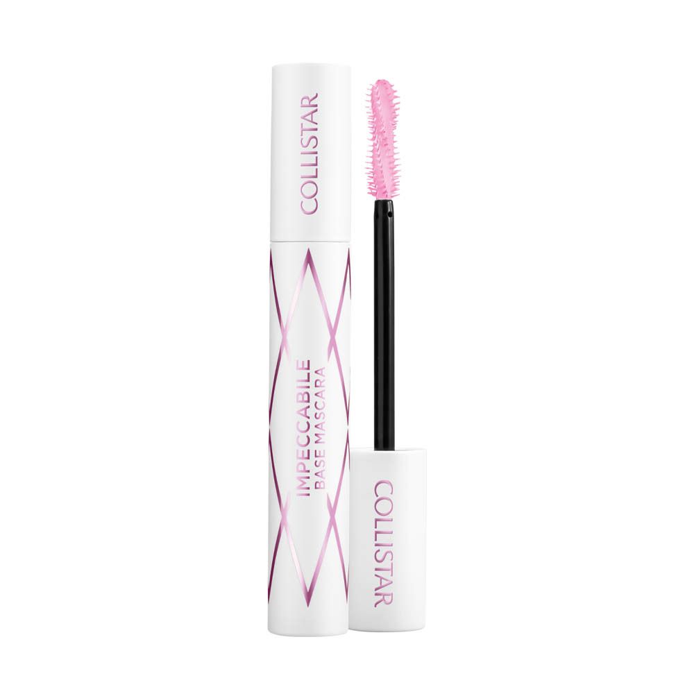 Witte mascara container met roze accenten. Tekst: Collistar, Impeccabile Base Mascara.