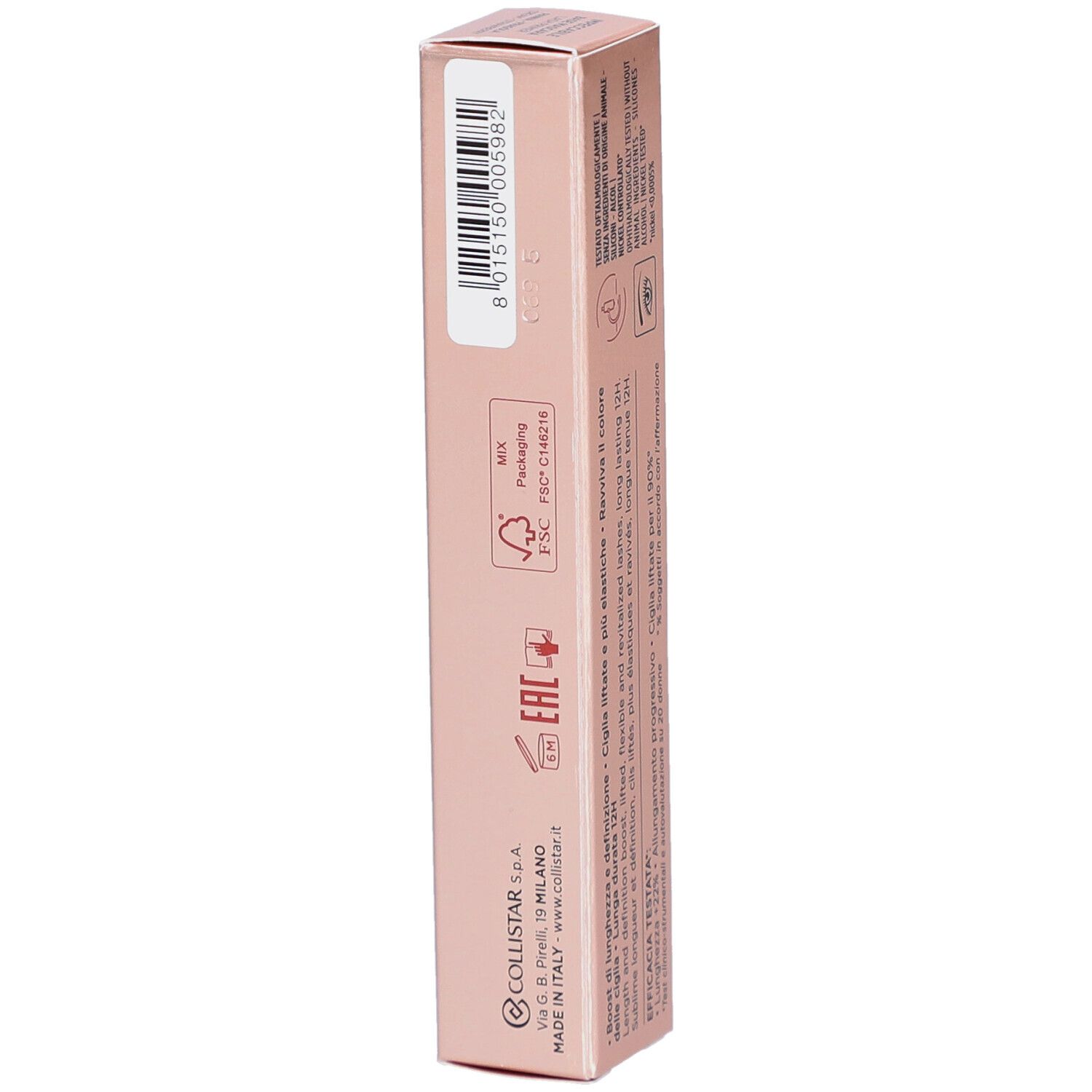 Roze mascara verpakking. Tekst: Collistar Milano, Impeccabile Base Mascara Extra Lunghezza, Lash Primer Length Boost. Barcode.