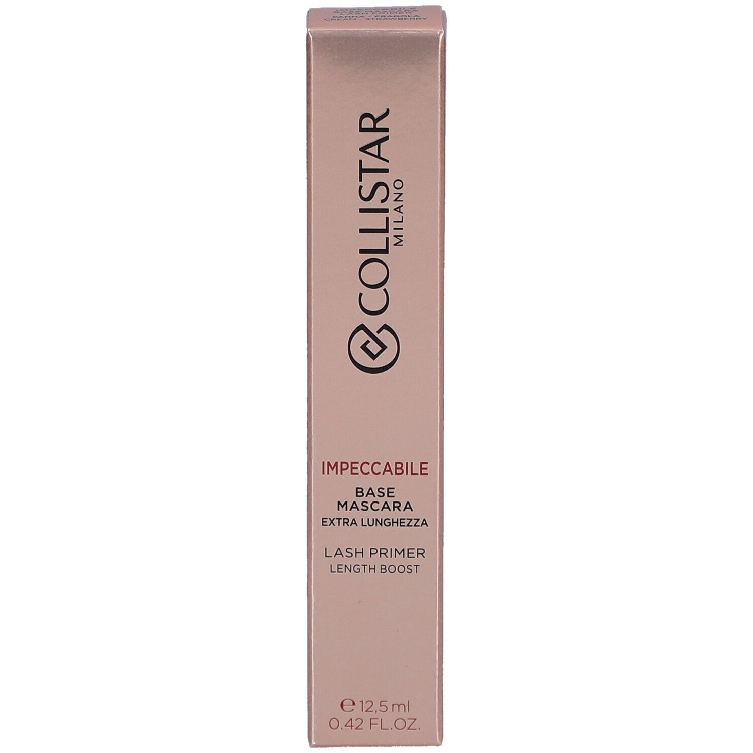 Roze mascara verpakking. Tekst: Collistar Milano, Impeccabile Base Mascara Extra Lunghezza, Lash Primer Length Boost.
