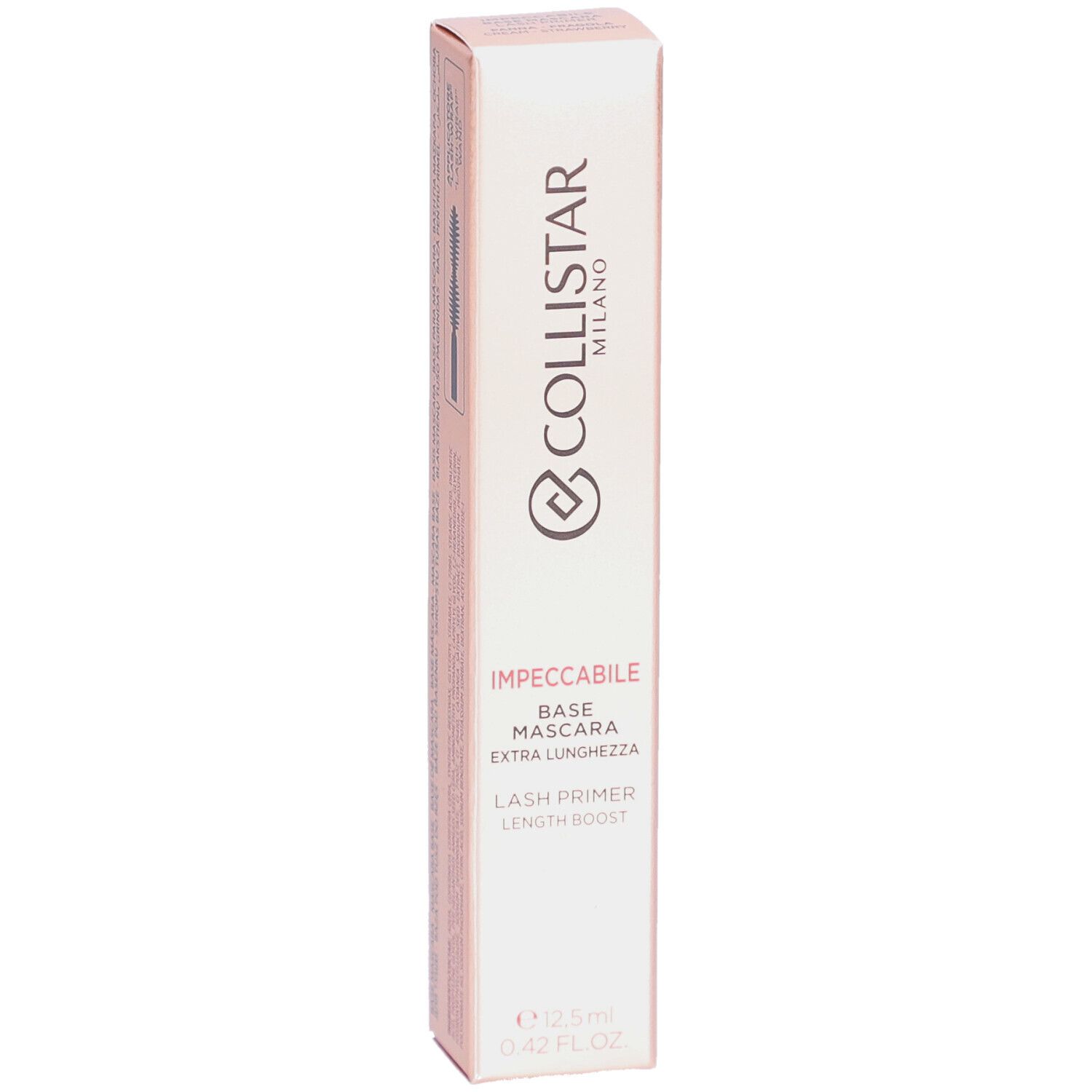 Roze mascara verpakking. Tekst: Collistar Milano, Impeccabile Base Mascara Extra Lunghezza, Lash Primer Length Boost.
