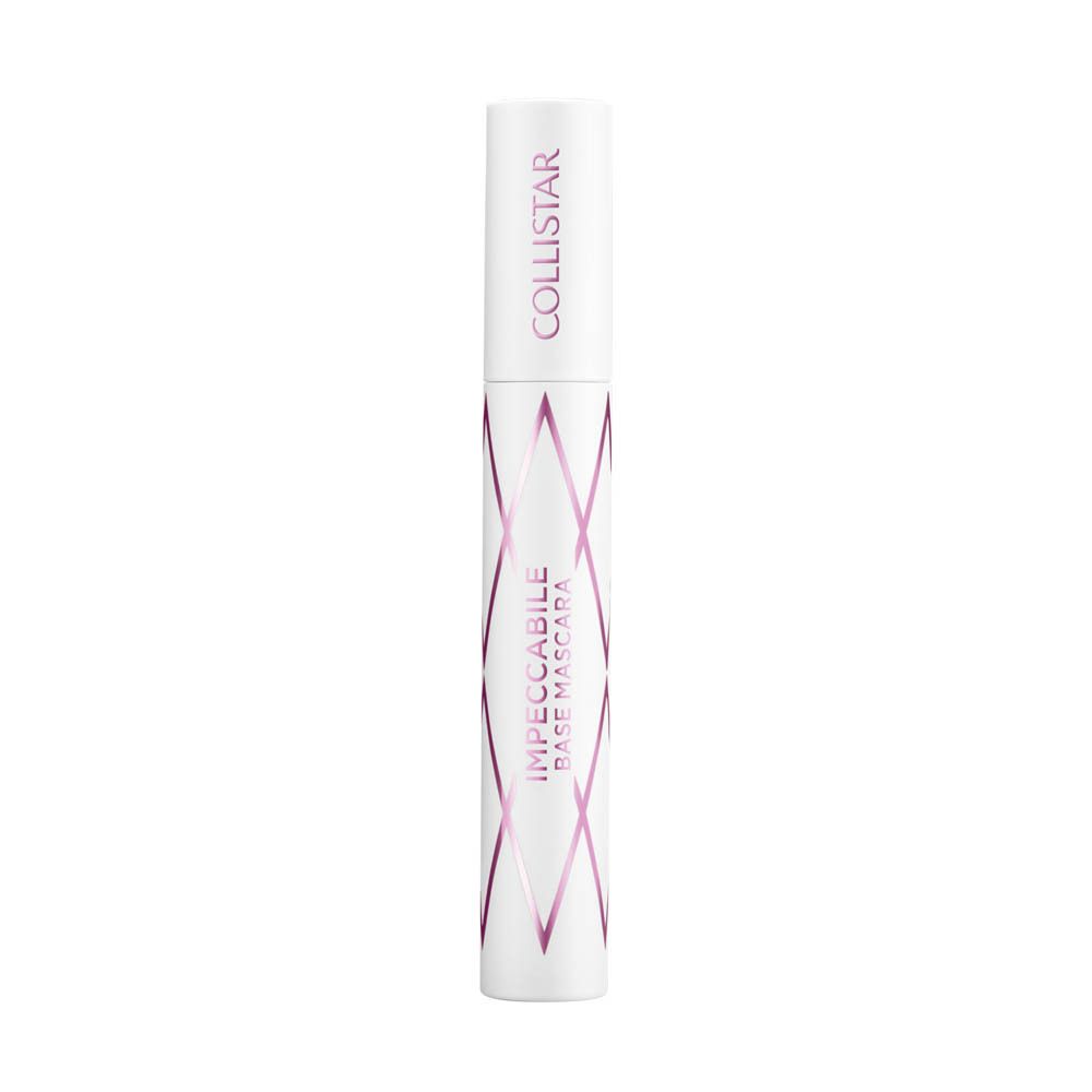 Witte mascara container met roze accenten. Tekst: Collistar, Impeccabile Base Mascara.