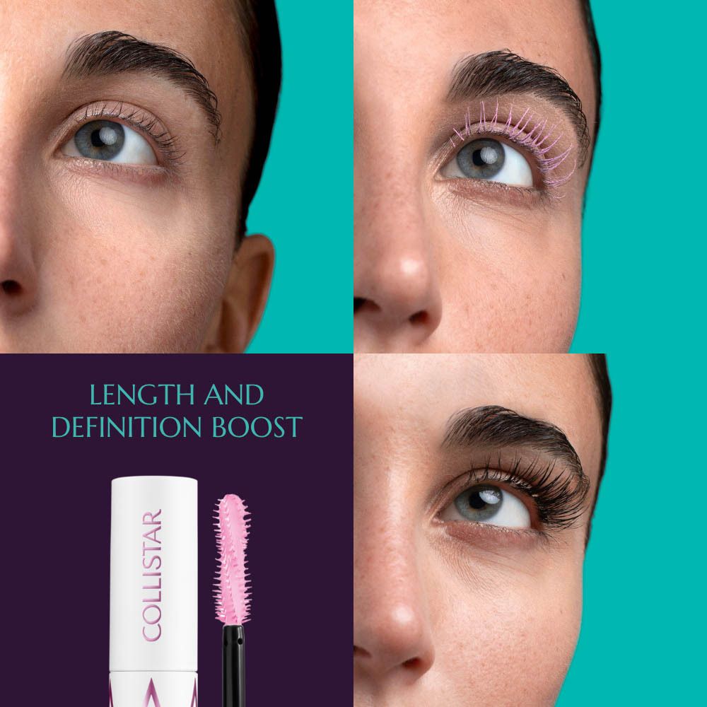 Voor en na foto's. Tekst: Collistar, Impeccabile Base Mascara. Lengte en definitie.