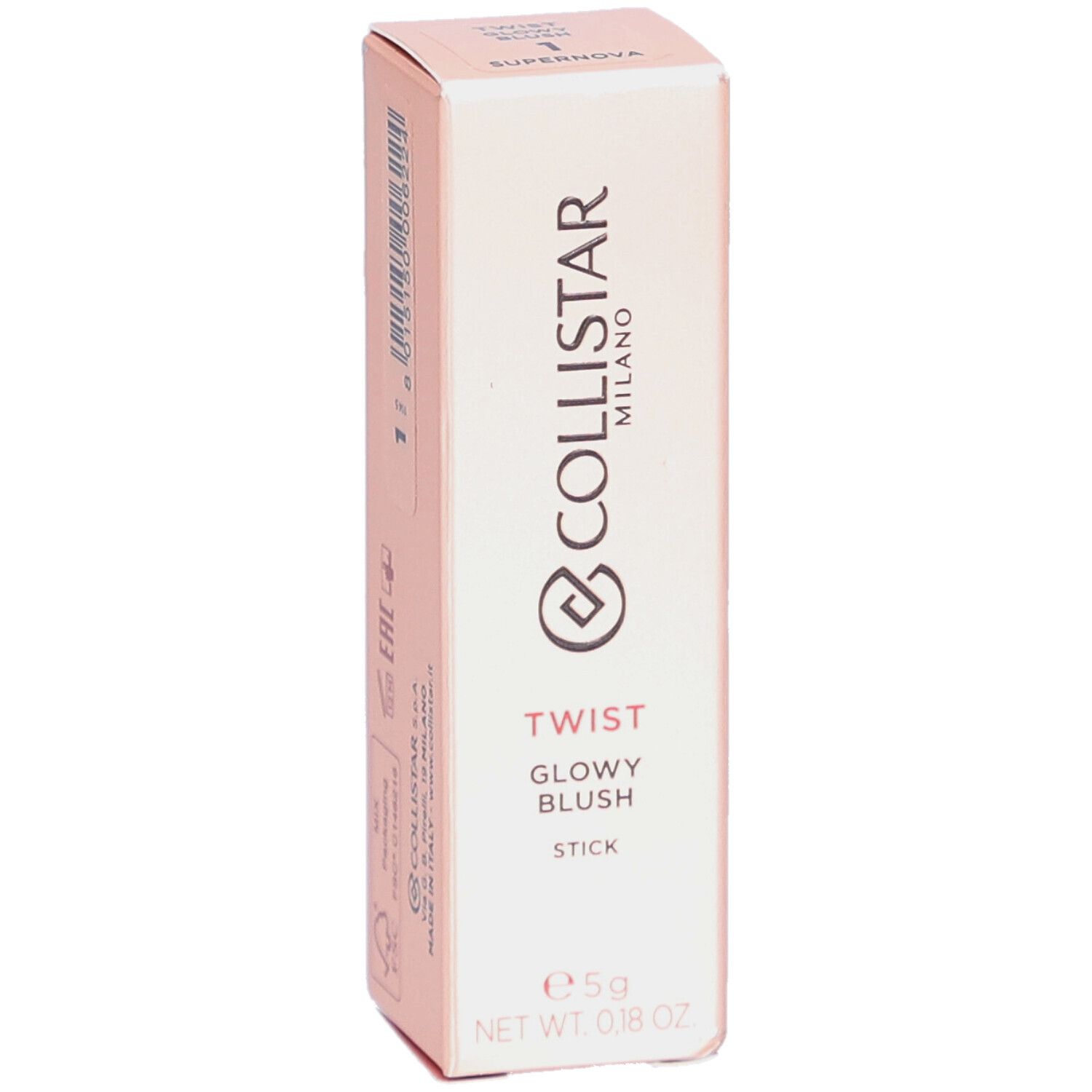 Emballage rose. Collistar Milano Twist Glowy Blush Stick. 5g. Texte sur l'emballage.