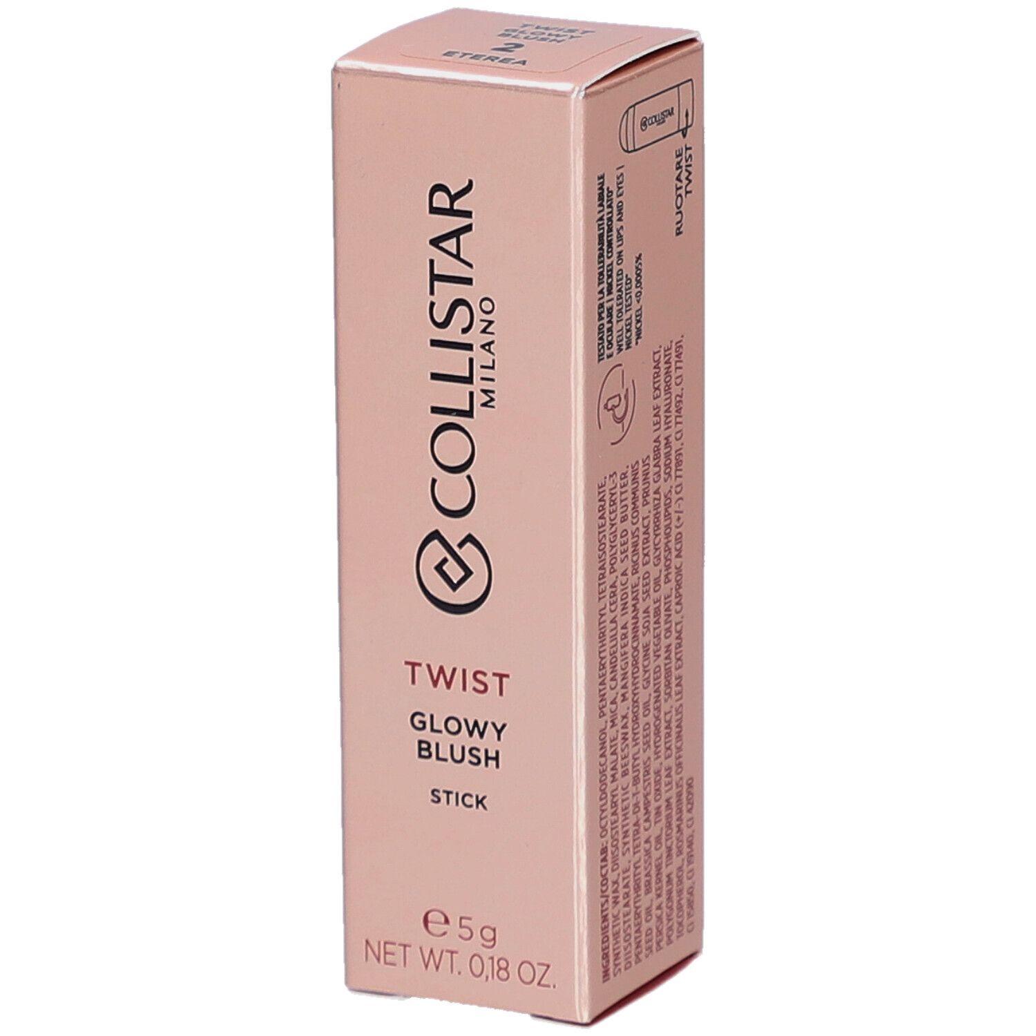 Roze verpakking met productinfo. Collistar Milano, Twist Glowy Blush, Stick. Nettogewicht: 5g.