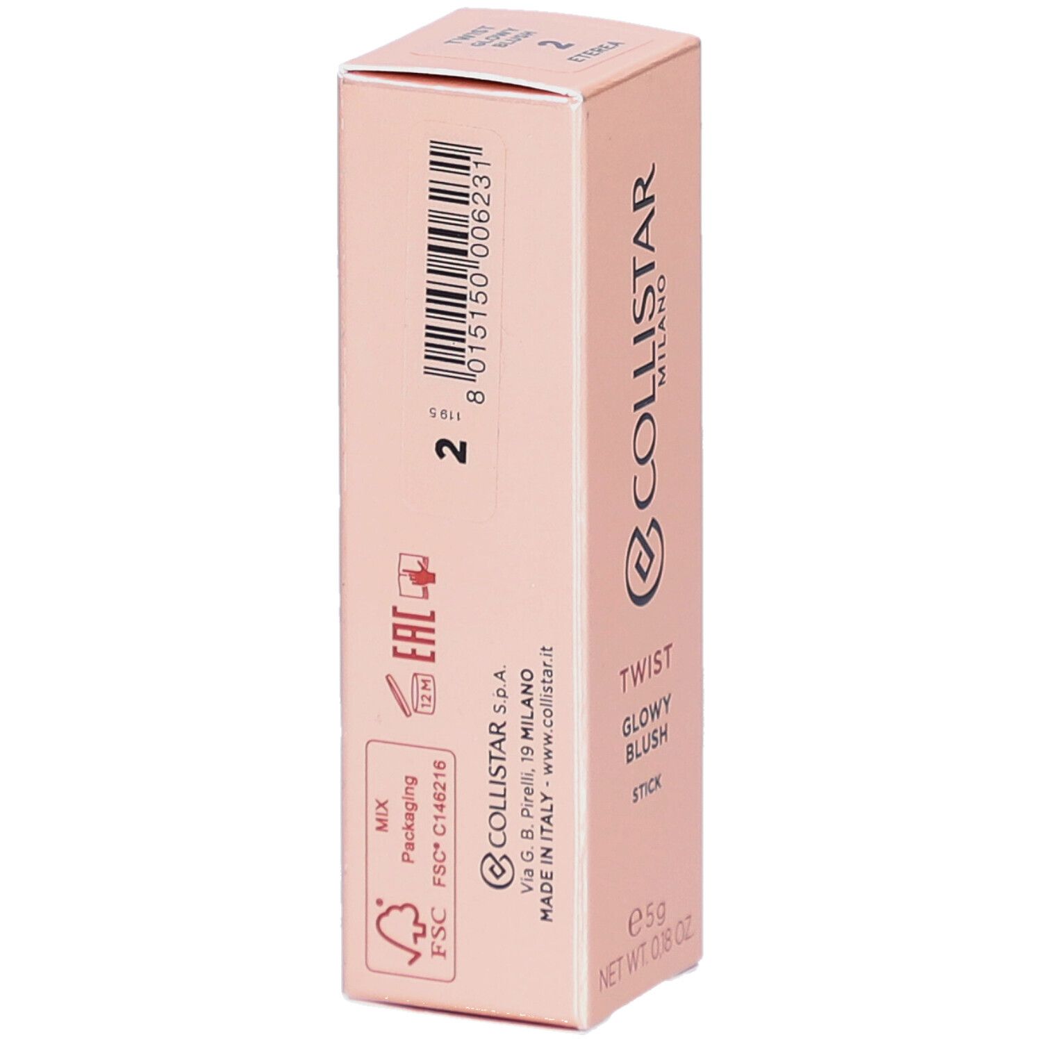 Roze verpakking met barcode en productinfo. Collistar Milano, Twist Glowy Blush, Stick. EAN-code.