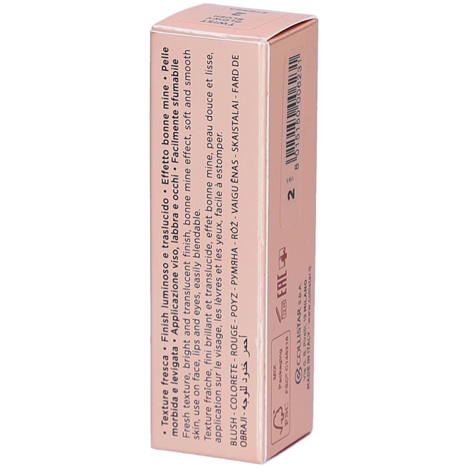 Roze verpakking met productinfo. Collistar Milano, Twist Glowy Blush, Stick. Ingrediënten en tekst.