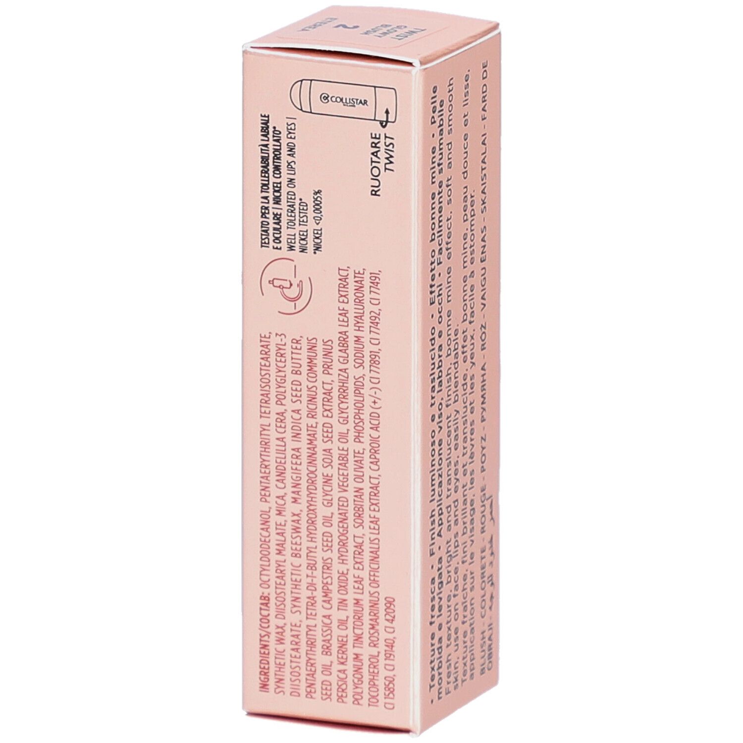 Roze verpakking met productinfo. Collistar Milano, Twist Glowy Blush, Stick. Ingrediënten en tekst.