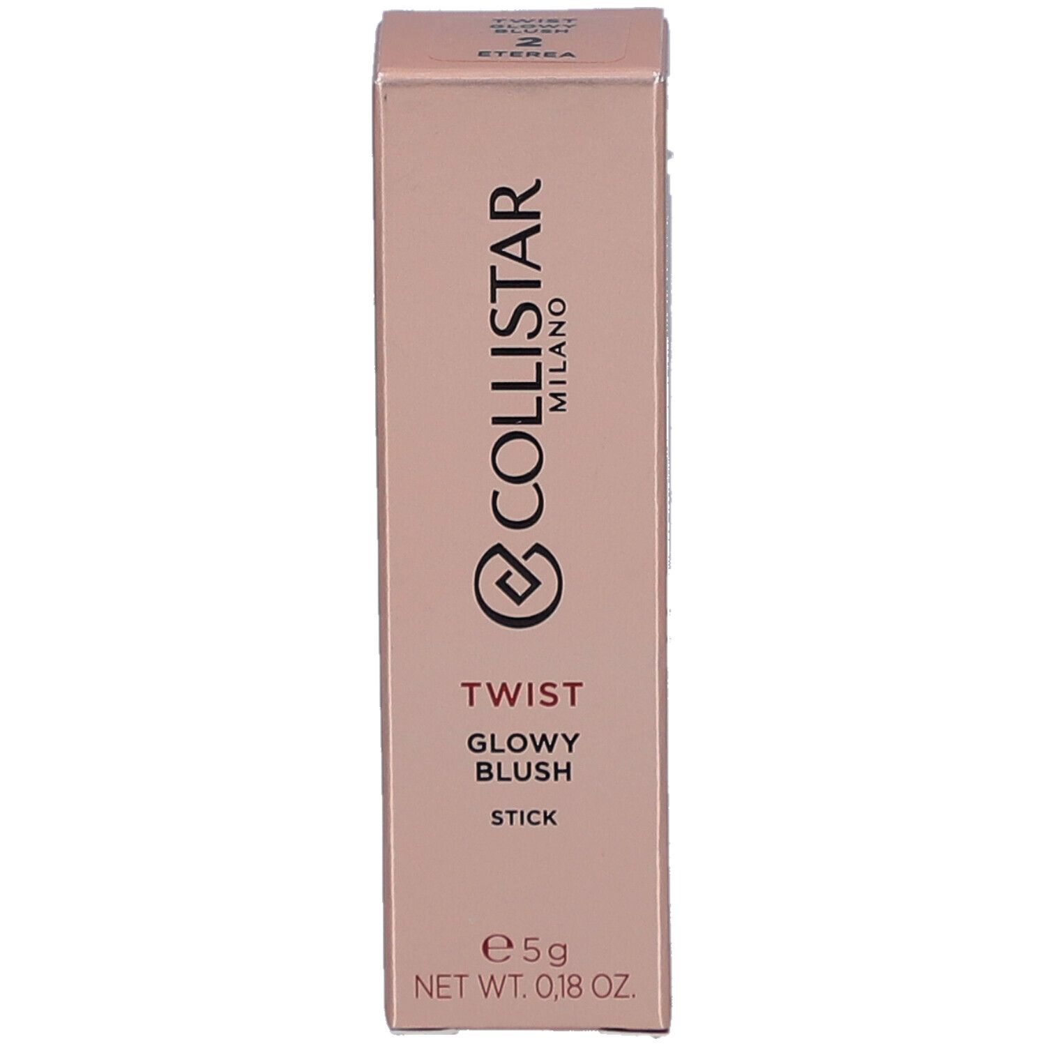 Roze verpakking met productinfo. Collistar Milano, Twist Glowy Blush, Stick. Nettogewicht: 0,18 oz.